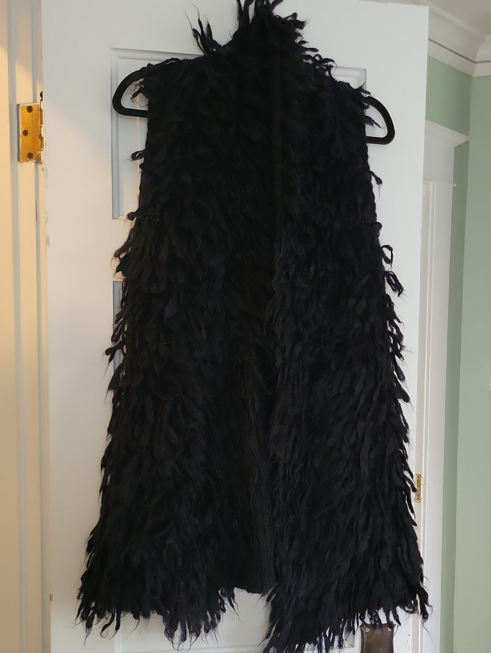 Eileen Fisher Black Faux Fur Mohair Fringe Long Vest - M